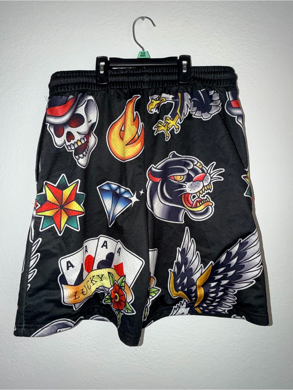 rebels Black Athletic Shorts with Colorful Tattoo Graphics size M